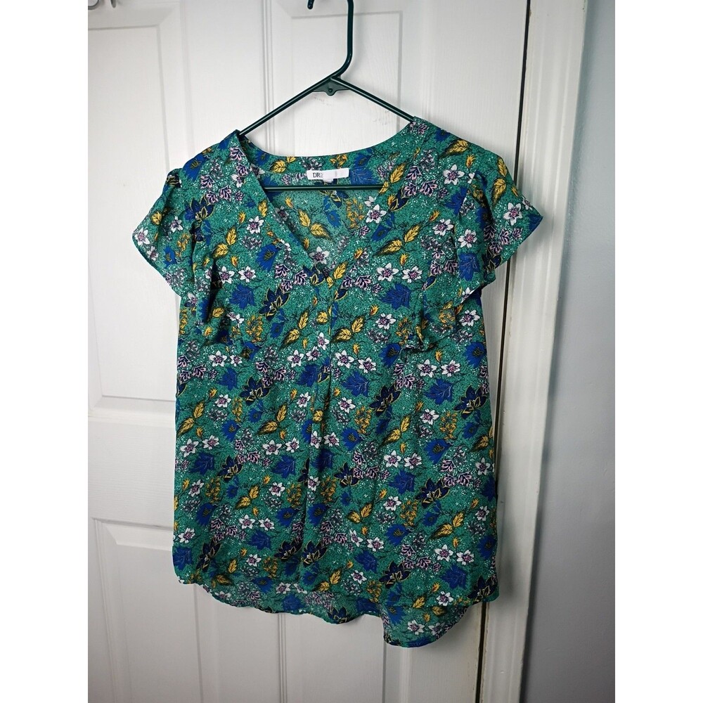 DR 2 Woman XL Popover Floral Blouse Cap Ruffle Sleeve V Neck Semi Sheer Hi Low